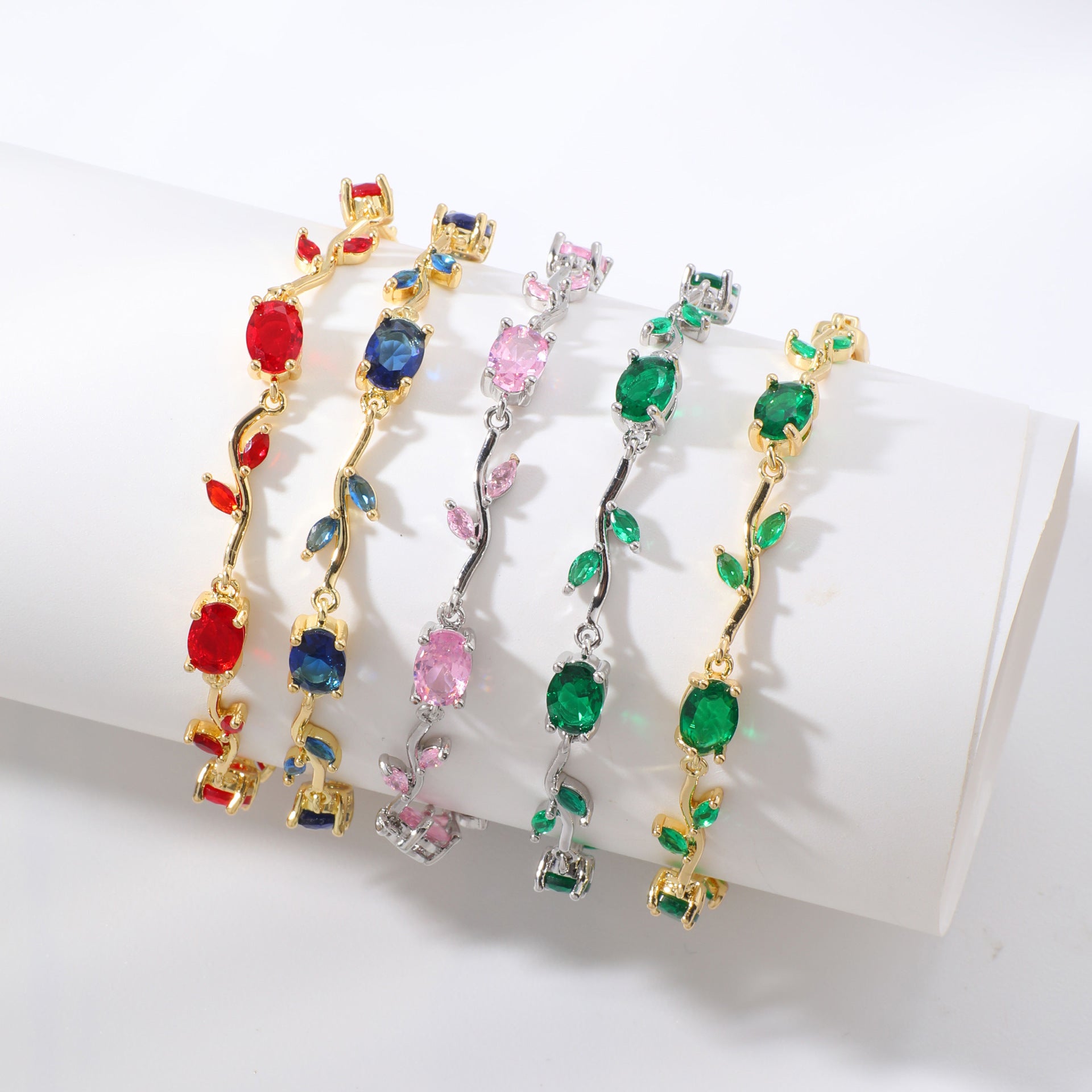 Womens Colorful Leaf Elliptical Geometric Zircon Bracelet